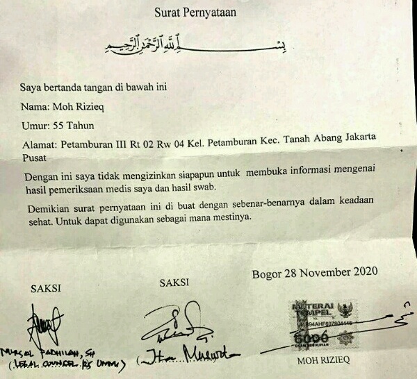 Tinggalkan RS Lewat Belakang, HRS Layangkan Sepucuk Surat Pernyataan Terkait Hasil Swab